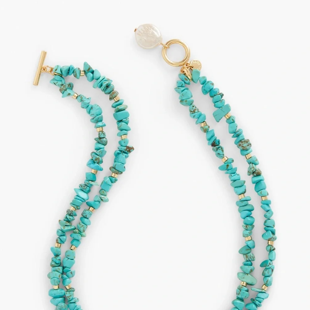 Vintage faux Turquoise Blue Beaded convertible Necklace Gold Accents Faux Pearl